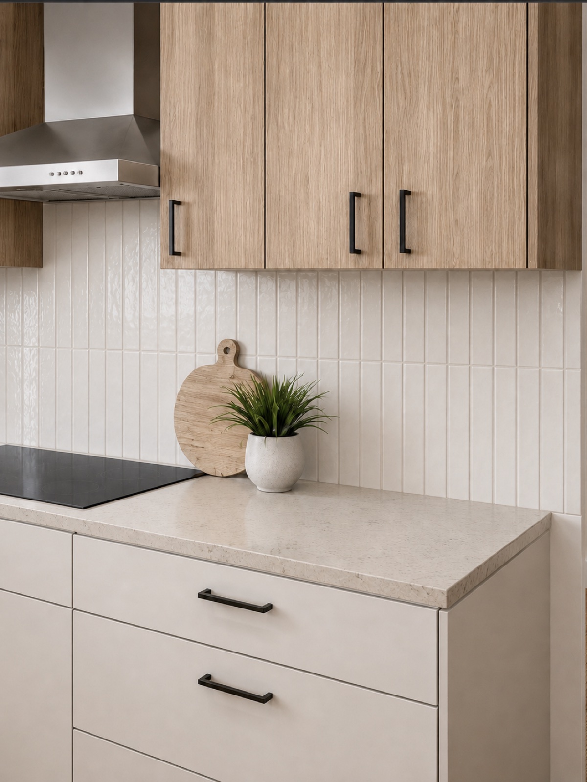 The Richmond kitchen — wood cabinetry, quartz counters, tile backsplash